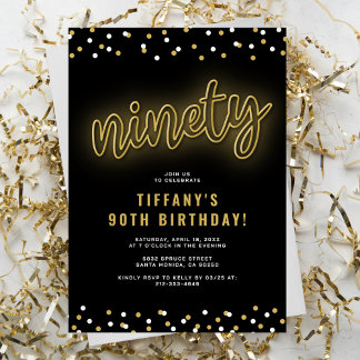 Adult Gold Neon 90. Geburtstagsparty Einladung