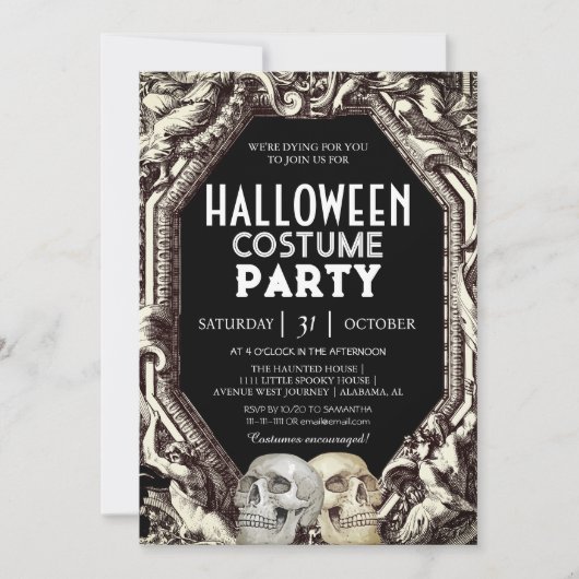 Adult Halloween Kostüm Party Vintag Gothic Skull Einladung (Vorderseite)
