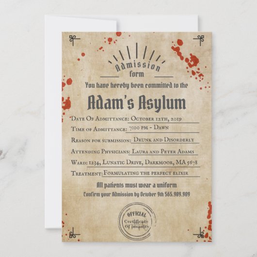 Adult Halloween Lunatic Asylum Spooky Gothic Party Einladung (Vorderseite)