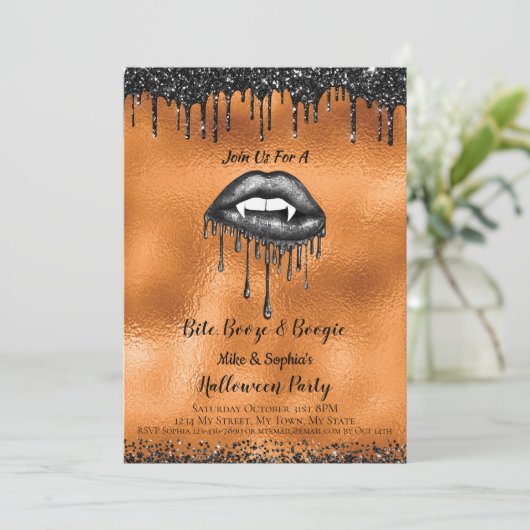 Adult Halloween Vampire Schwarzer Glitzer Lips Ora Einladung (Stehend Vorderseite)