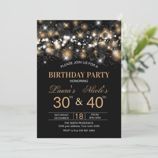 Adult Joint Birthday Party Invitation Gold Glitter Einladung (Stehend Vorderseite)