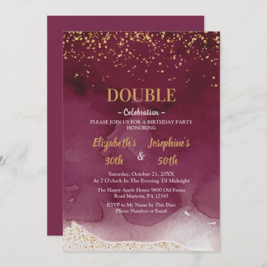 Adult Joint Birthday Party | Purple Gold Glitter Einladung (Vorne/Hinten)