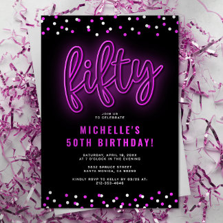 Adult Pink Neon 50. Geburtstagsparty Einladung