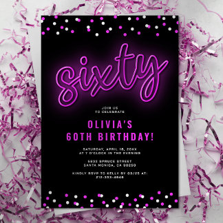 Adult Pink Neon 60. Geburtstagsparty Einladung