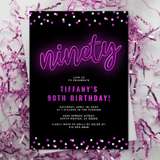 Adult Pink Neon 90. Geburtstagsparty Einladung