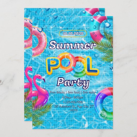 Adult Pool Party Summer Beach Einladung (Vorne/Hinten)