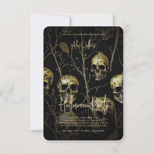 Adultes Halloween-Party Schwarzer Goldene Schädel Einladung (Vorderseite)
