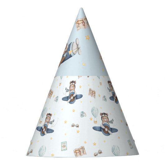 Adventure Aviation Bear Blue Flugzeug 1. Geburtsta Partyhütchen (Vorderseite)