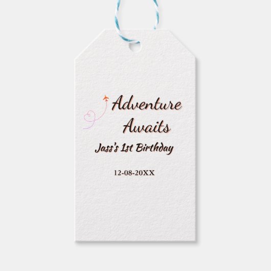 Adventure awaits 1st birthday name date planeretro geschenkanhänger (Vorderseite)