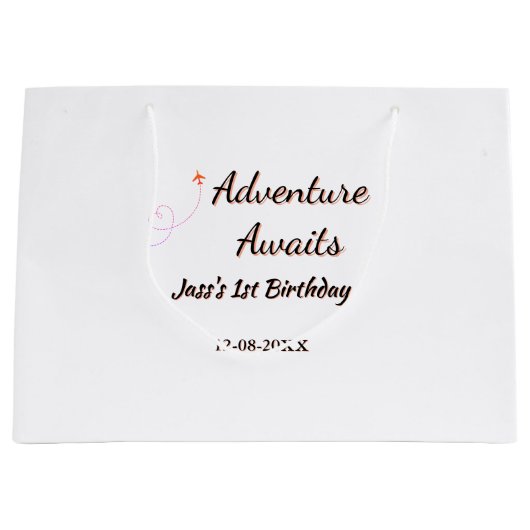Adventure awaits 1st birthday name date planeretro große geschenktüte (Vorderseite)