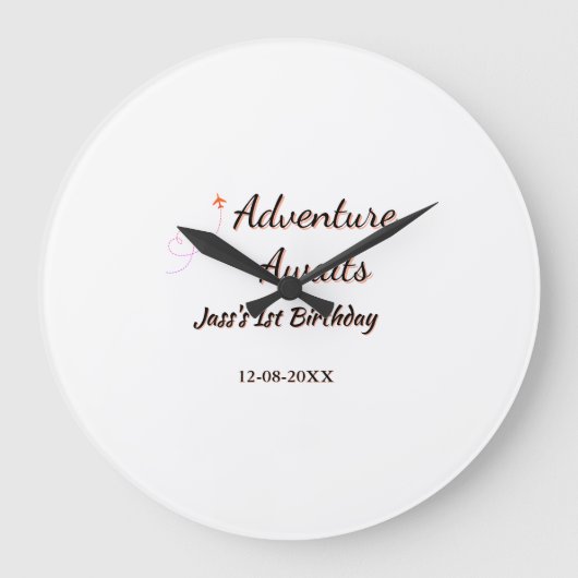 Adventure awaits 1st birthday name date planeretro große wanduhr (Vorderseite)