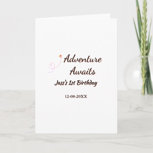 Adventure awaits 1st birthday name date planeretro karte (Vorderseite)