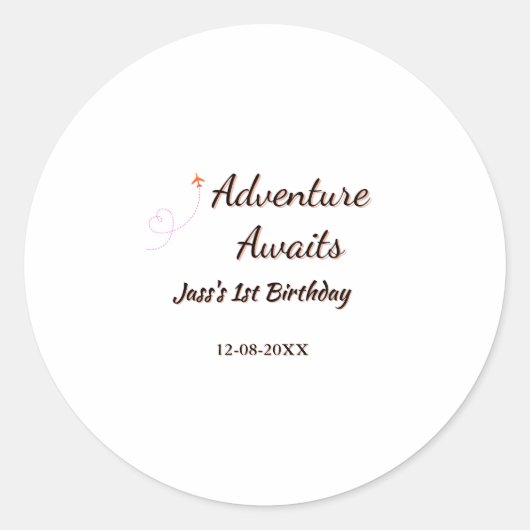 Adventure awaits 1st birthday name date planeretro runder aufkleber (Vorderseite)