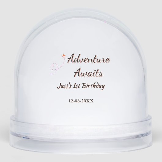 Adventure awaits 1st birthday name date planeretro schneekugeln (Vorderseite)