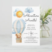 Adventure Awaits Air Balloon Boy Baby Shower Einladung (Stehend Vorderseite)