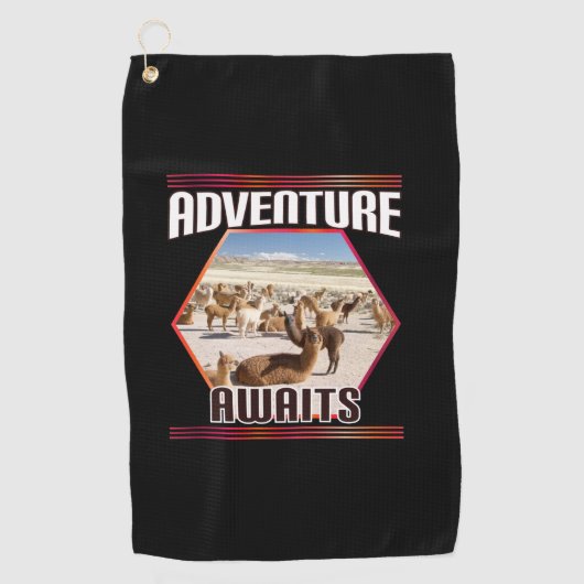 Adventure Awaits - Alpaca Llama Reise Golfhandtuch (Vorderseite)