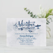 "Adventure Awaits" Aviation Baby Shower Einladung (Stehend Vorderseite)