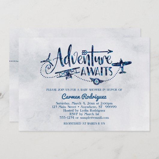 "Adventure Awaits" Aviation Baby Shower Einladung (Vorne/Hinten)