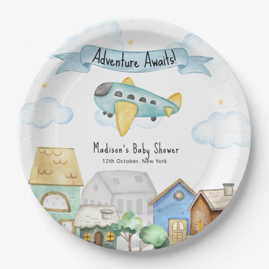 Adventure Awaits Aviator Airplane Baby Shower Pappteller (Vorderseite)