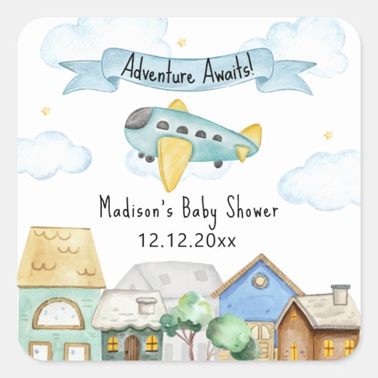 Adventure Awaits Aviator Airplane Baby Shower  Quadratischer Aufkleber (Vorderseite)
