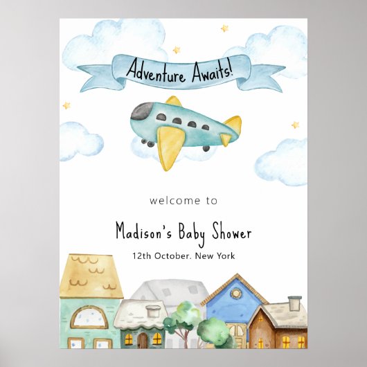 Adventure Awaits Aviator City Baby Shower Welcome  Poster (Vorne)