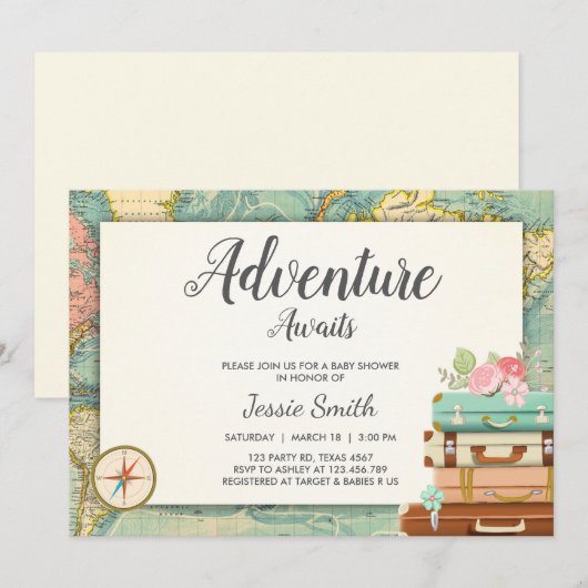 Adventure Awaits Baby Dusche Einladung Reiseplan (Vorne/Hinten)