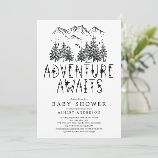 Adventure Awaits Baby Shower Einladung (Stehend Vorderseite)
