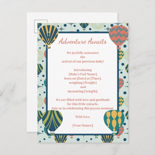 Adventure Awaits Balloon Sage Birth Ankündigung (Vorne/Hinten)
