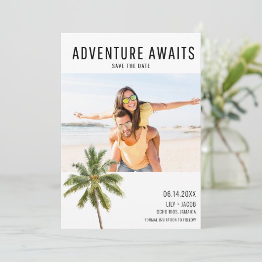 Adventure Awaits Beach Destination Foto Hochzeit Save The Date (Stehend Vorderseite)
