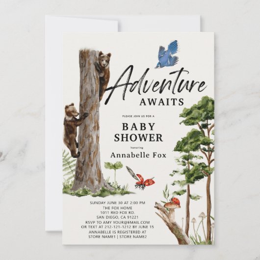 Adventure Awaits Bear Cubs Forest Boy Baby Shower Einladung (Vorderseite)