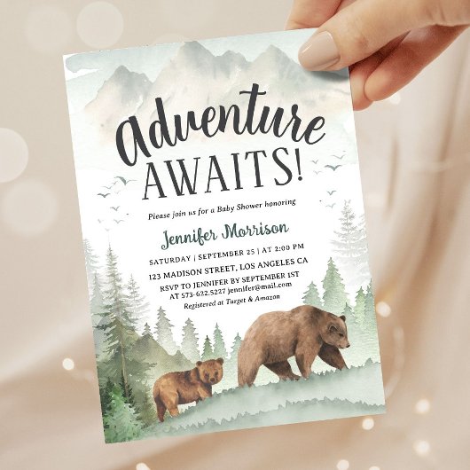 Adventure Awaits Bear Forest Woodland Baby Shower Einladung