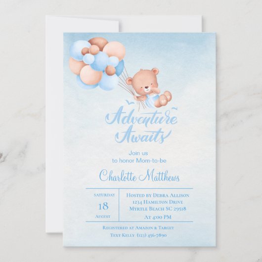 Adventure Awaits Blue Balloon Baby Shower Einladung (Vorderseite)