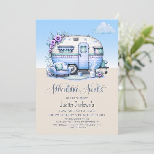 Adventure Awaits Blue Caravan Retirement Party Einladung (Stehend Vorderseite)