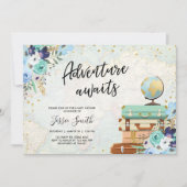 Adventure Awaits Blue Floral Travel Baby Dusche Einladung (Vorderseite)