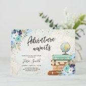 Adventure Awaits Blue Floral Travel Baby Dusche Einladung (Stehend Vorderseite)