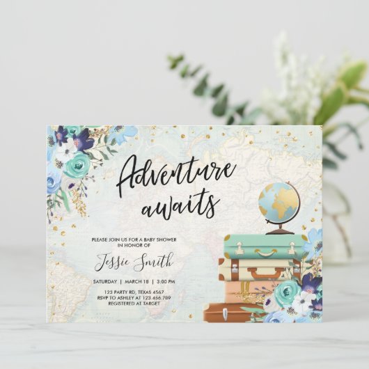 Adventure Awaits Blue Floral Travel Baby Dusche Einladung (Stehend Vorderseite)