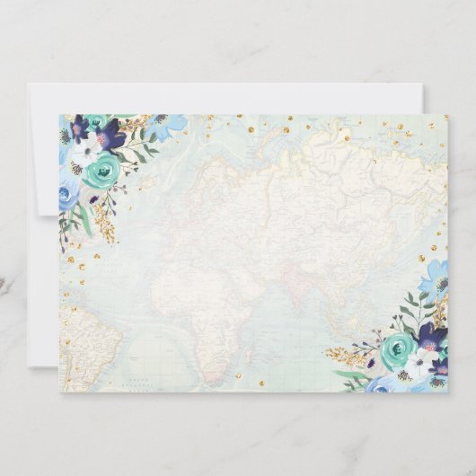 Adventure Awaits Blue Floral Travel Baby Dusche Einladung (Rückseite)