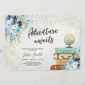 Adventure Awaits Blue Floral Travel Baby Dusche Einladung (Vorne/Hinten)