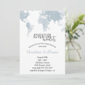 Adventure Awaits Blue World Map Kinderdusche Einladung (Stehend Vorderseite)