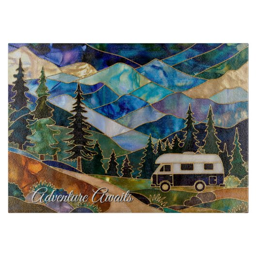 Adventure Awaits Camper Glass Cutting Board Schneidebrett (Vorderseite)