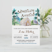 Adventure Awaits Camping Baby Shower Einladung (Stehend Vorderseite)