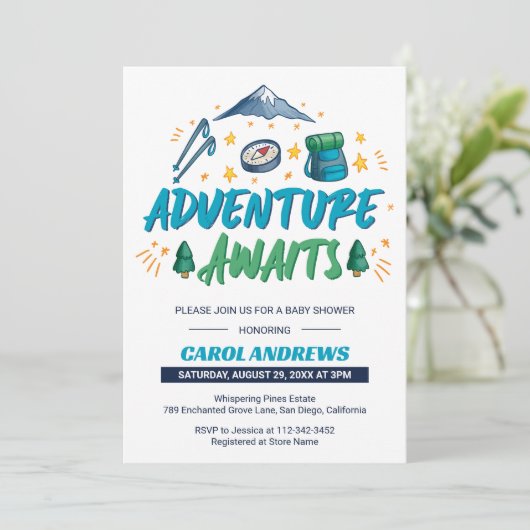 Adventure Awaits Camping Baby Shower Einladung (Stehend Vorderseite)