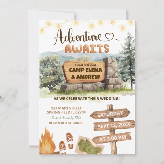 adventure awaits camping ground wedding einladung (Vorderseite)