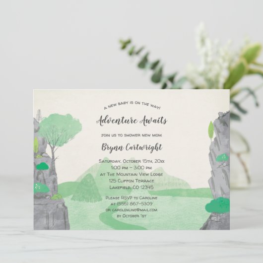 Adventure Awaits Cliffs and Mountains Baby Shower Einladung (Stehend Vorderseite)