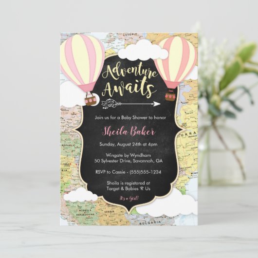 Adventure Awaits Girl Baby Shower Einladung (Stehend Vorderseite)