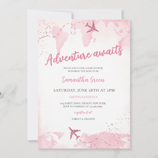 Adventure Awaits Girl Baby Shower Einladung (Vorderseite)