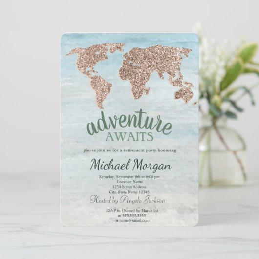 Adventure Awaits Glitzer World Map Retirement Einladung (Stehend Vorderseite)