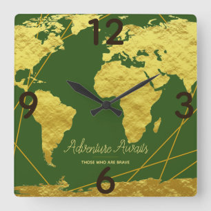 Adventure Awaits Gold World Map & Sage Quadratische Wanduhr