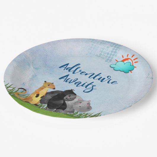 Adventure Awaits - Gorilla Hippo und Meerkat Pappteller (Schrägansicht)