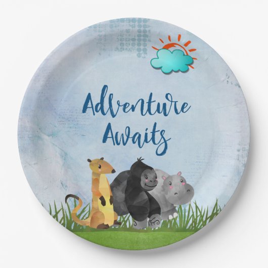 Adventure Awaits - Gorilla Hippo und Meerkat Pappteller (Vorderseite)
